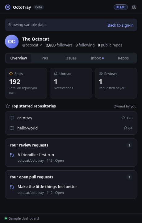 OctoTray dashboard showing stars, unread notifications, review requests and open pull requests