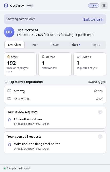 OctoTray dashboard in light mode